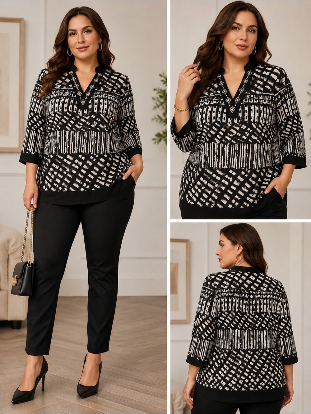 Alfred Dunner Black White Abstract Print Embellished Tunic Top Size 14 (1303)